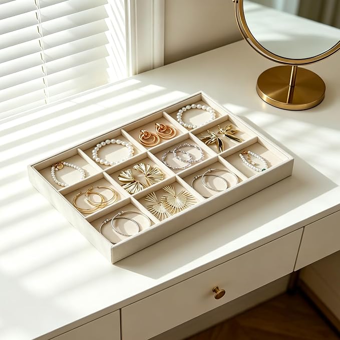 Large Stackable Jewelry Tray 4 Pack Velvet Jewelry Display Drawer Inserts Trays Organizer for Earring Bracelet Necklace Ring (Beige, 12 Grids)