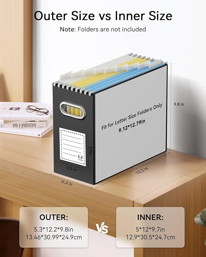 Oterri File Organizer Box, Portable Collapsible Cardboard File Folder Organizer with Handle for Letter Size Hanging Files, Document Storage Box for Home Office & Classroom (4 Packs, Black)