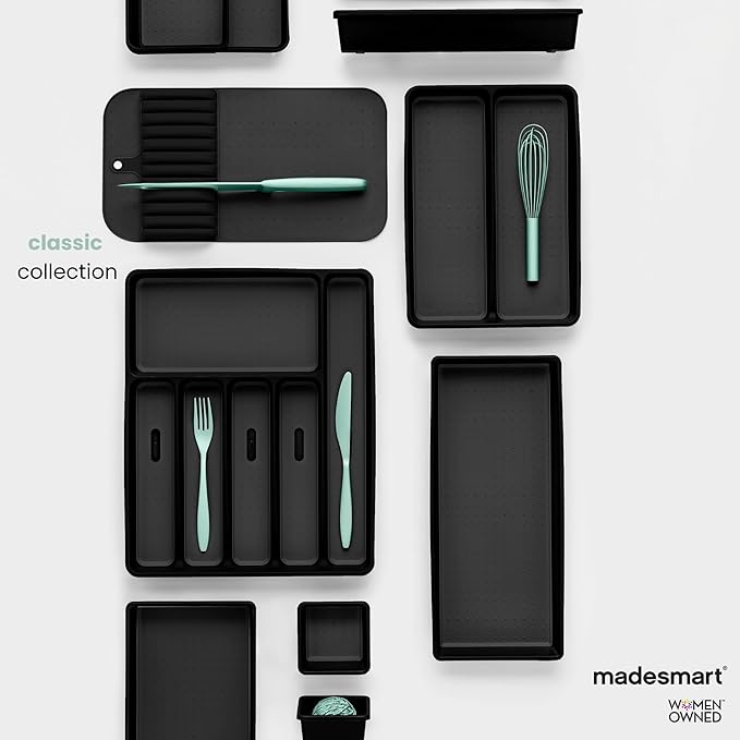 madesmart Premium Knife Mat, Soft-Grip Slot Organizer for 5 Knives, Non-Slip Drawer Insert Protects Blades and Drawers, Space-Saving Kitchen Knife Storage, Black