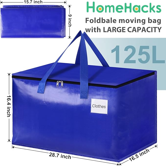 HomeHacks Moving Bags Heavy Duty with Strong Zippers and Handles Collapsible Moving Supplies, Storage Totes for Packing & Moving Storing 125L,8-Pack, Blue