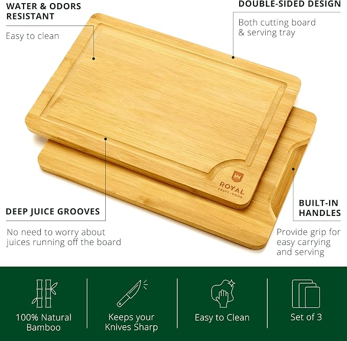 ROYAL CRAFT WOOD Bamboo Cutting Board Set with Juice Groove (3 Pieces) and Cutting Board Organizer