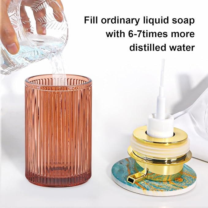 Foaming Soap Dispenser, 12 Oz Brown Glass Foam Soap Dispenser, Refillable Foam Pump Bottle Container Decorative Slim Ribbed Bottle for Bathroom and Kitchen Countertop