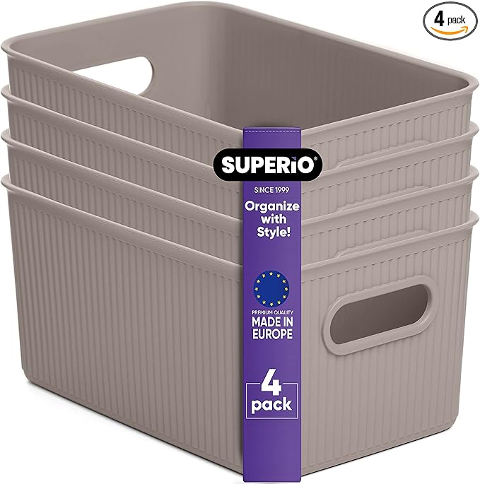 Superio Ribbed Collection - Decorative Plastic Basket Open Home Storage Bins Organizer, Medium Taupe (4 Pack) Container Boxes for Organizing Closet Storage Bins for Shelves Drawer Shelf 5 Liter