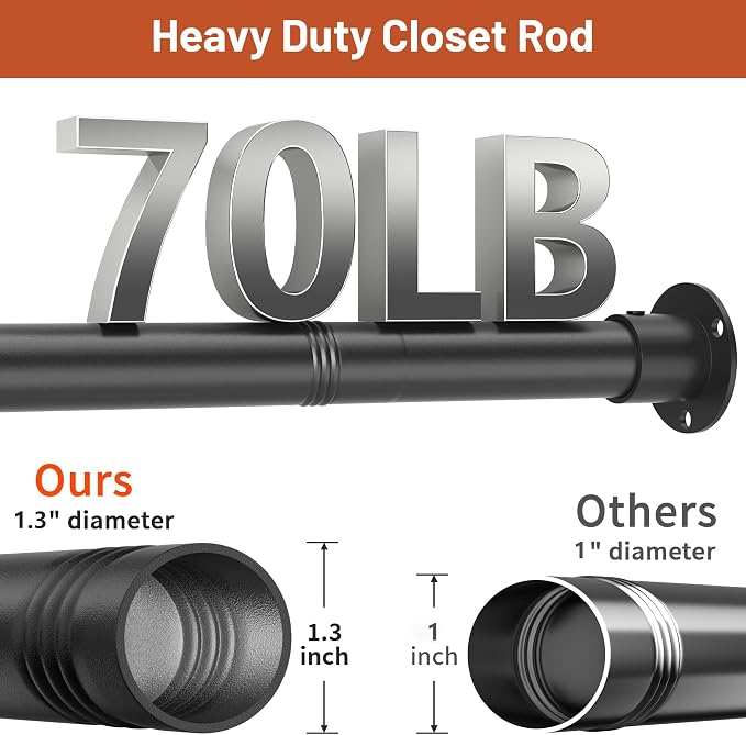 Adjustable Closet Rod 35-98 Inch - 1.3”Diameter Heavy Duty Closet Rods for Hanging Clothes - Simple Clothes Rod for Closet - Versatile Closet Poles for Hanging Clothes - Closet Bar