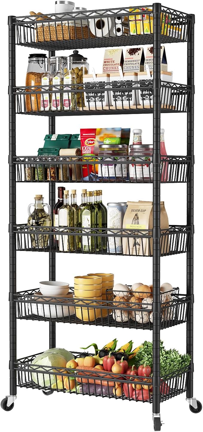 SINGAYE 6 Tier Shelf Wire Shelving Adjustable Storage Shelves Basket Rack | Adjustable Shelves with Wheels Metal Storage Unit Closet Bathroom Organizers Pantry Kitchen Garage Laundry Room Black