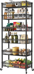SINGAYE 6 Tier Shelf Wire Shelving Adjustable Storage Shelves Basket Rack | Adjustable Shelves with Wheels Metal Storage Unit Closet Bathroom Organizers Pantry Kitchen Garage Laundry Room Black