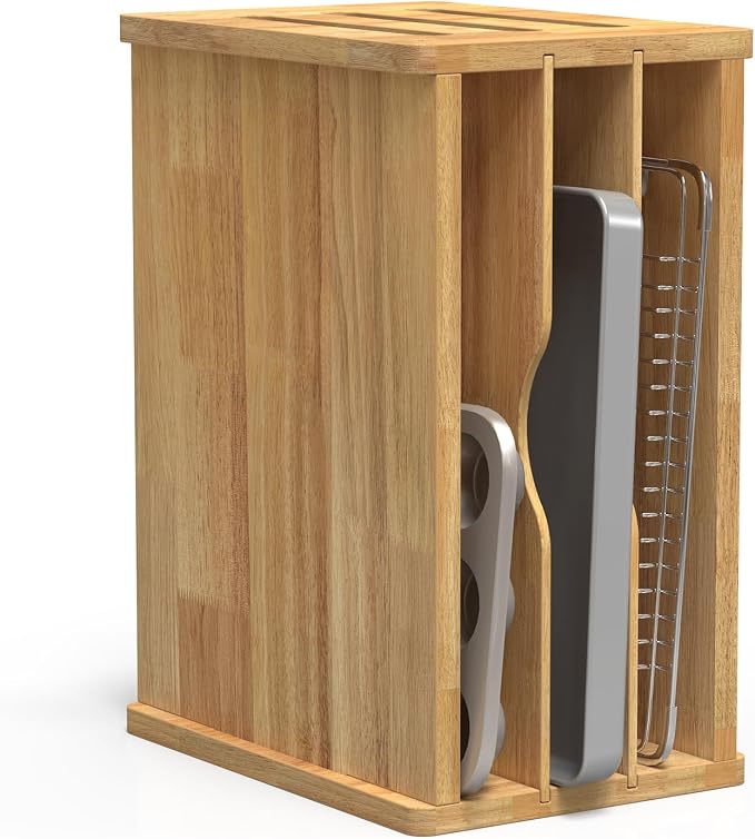 4 Tier Rubber Wood Tray Dividers for Cabinets, Heavy Weight Kitchen Vertical Tray Divider Organizer, Storing pans, Baking trays, Cutting Board(16.7" W x 8.9" H x 12.4" D)