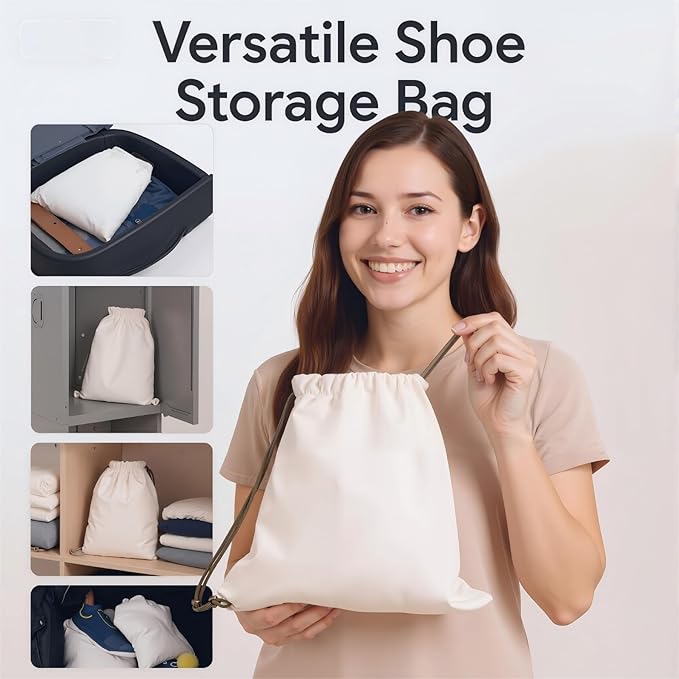 Canvas Shoe Bags for Travel, 2 Pcs, 17.7x13.8in, Beige | Drawstring, Dust Proof, Washable, Shoe Organizers