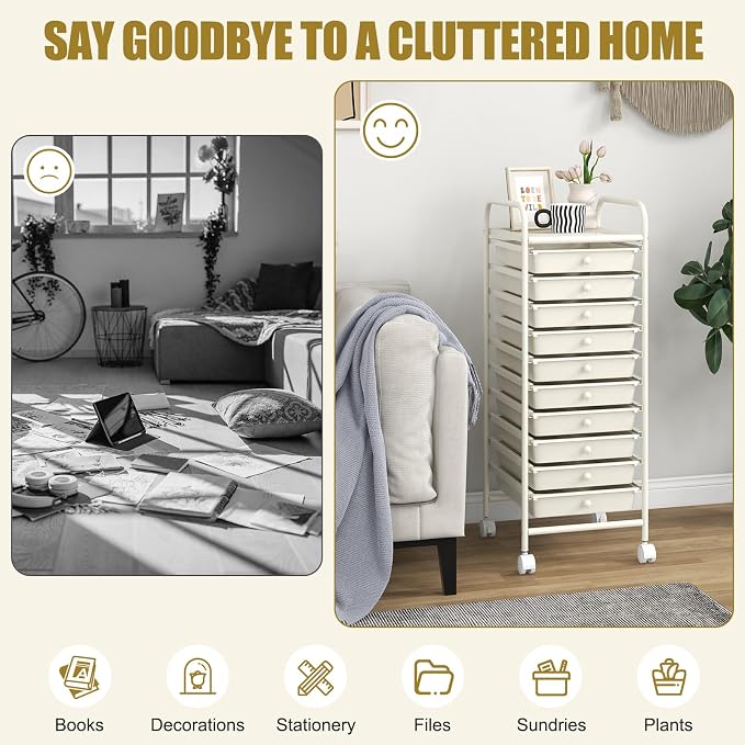 LDAILY 10 Drawer Rolling Storage Cart, Craft Organizer on Wheels, Drawer Cart with Metal Frame & Large Storage Capacity, Rolling Cart with Drawers for Living Room Classroom, Office