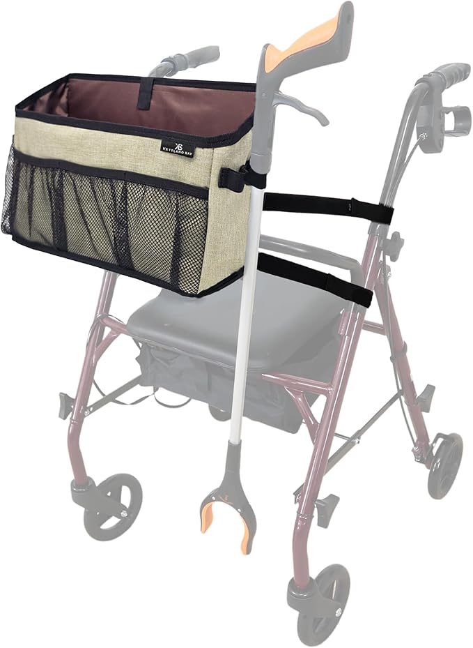 Walker Basket for Folding Walker with Flip-Down Walker Tray | Handy Cane/Reacher Strap & Cup Holder | Walker Bags for Folding Walker with Wheels, Organizer for Walker Accessories for Walker Caddy-SAND