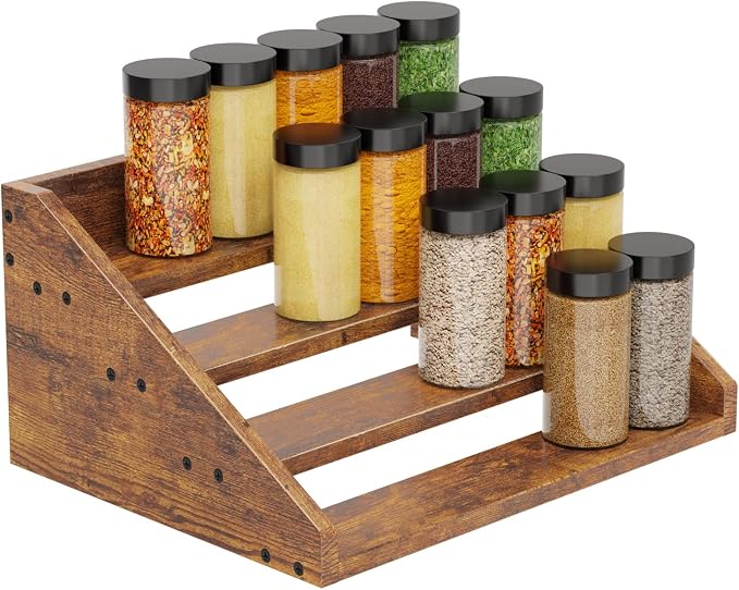4 Tier Wood Spice Rack Organizer for Cabinet, Super Sturdy Display Riser Shelf Seasoning Organizer for Countertop Pantry Cupboard, Retro Storage Holder for Kitchen Condiment Jar Spice Container