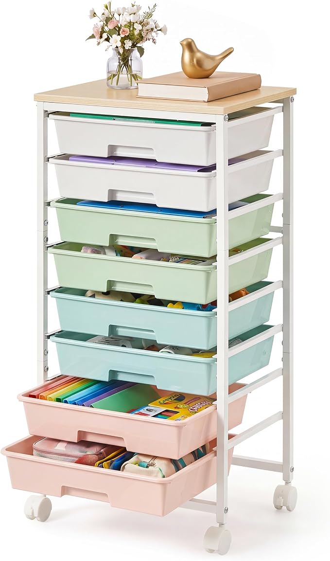 VASAGLE 8-Drawer Rolling Storage Cart, Utility Cart with Wheels and Wood Top, Craft Organizer for Office and Home, 15.6 x 11.2 x 30.1 inch, Multicolor, BENCO Collection ULRC006X101
