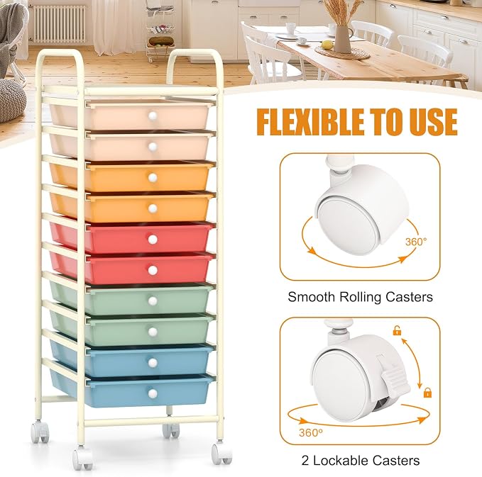 MEDIMALL 10 Drawers Rolling Storage Cart, Multipurpose Craft Storage Cart with Wheels, Mobile Tools Scrapbook Paper Organizer Cart for Office School Home Use