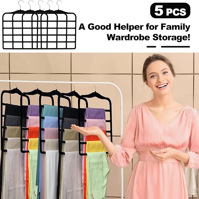 Closet Organizers and Storage,5 Pack Velvet Pants-Hangers-Space-Saving,Non Silp 5 Tier Scarf Jeans Organizer,Dorm Room Essentials for College Students Girls Boys Guys,Organization and Storage