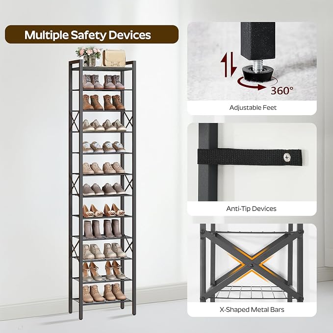 YATINEY 12-Tier Narrow Shoe Rack, Tall Shoe Rack for 12-24 Pairs, Slim Shoe Storage Organizer with Wooden Top, Space Saving, Metal Frame, for Entryway, Charcoal and Black SS61BC