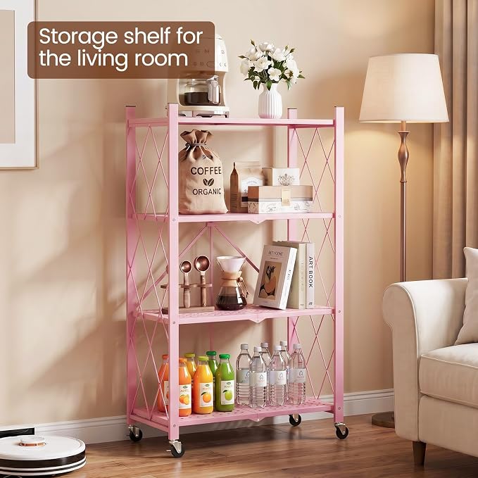 ALANNG 4 Tier Folding Storage Shelf on Wheels,Heavy Duty Metal Rolling Cart | 264 lbs Capacity, No Tools Assembly, Folds to 3.9", Lockable Casters, Portable for Kitchen Laundry Garage (Pink, 2 Pack)