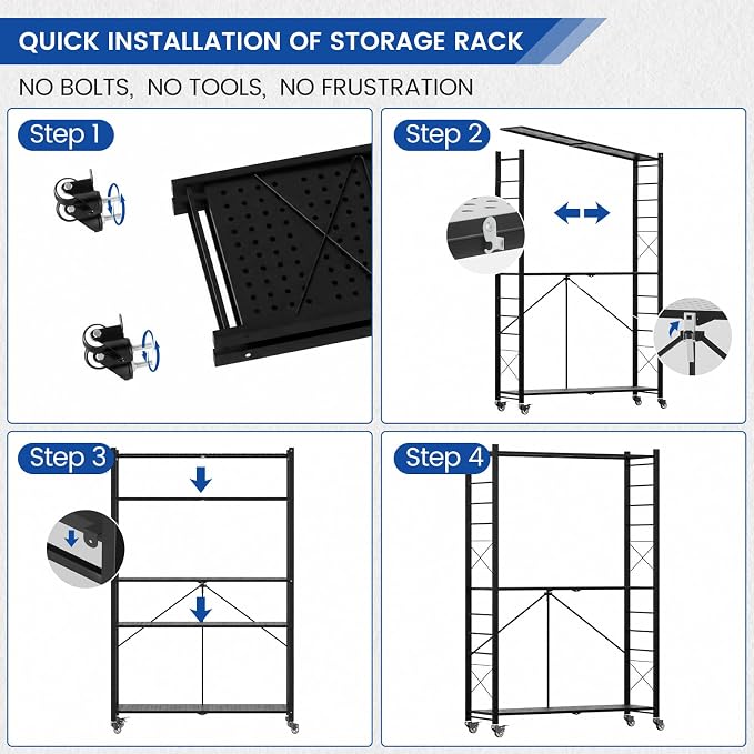 ALANNG 40" W Foldable 5-Tier Storage Shelves on Wheels Adjustable | Removable Metal Rack, Heavy Duty Rolling Organizer for Kitchen, Garage, Closet, Pantry, and Office (Black,3 Pack)