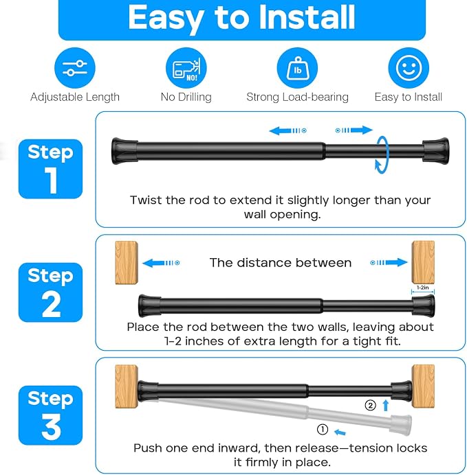 MEXAU 2pack Short Tension Curtain Rod 8 to 12.5 Inch，Spring Tension Rods Black Curtain Rods Adjustable Spring Rod Mini DIY Tension Rods No Drill for Slim Window Cupboard