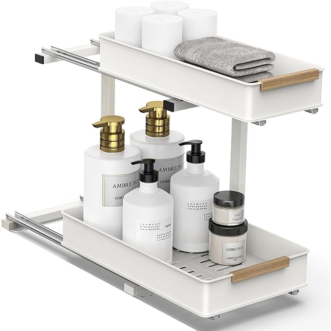 AndUp Under Sink Organizer, 2 Tiers Pull Out Bathroom Organizers and Storage, Slide Out Cabinet Organizer Shelf for Kitchen Bathroom, Multi-Purpose Collection Organizer Drawer Shelf (White, 1pcs)