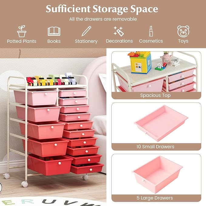 LUARANE Rolling Cart with 15 Drawers, Craft Storage Cart with Portable Handles & Lockable Wheels, Mobile Toys Organizer, Large Capacity Utility Drawer Cart Home Office School Teacher (Gradient Pink)