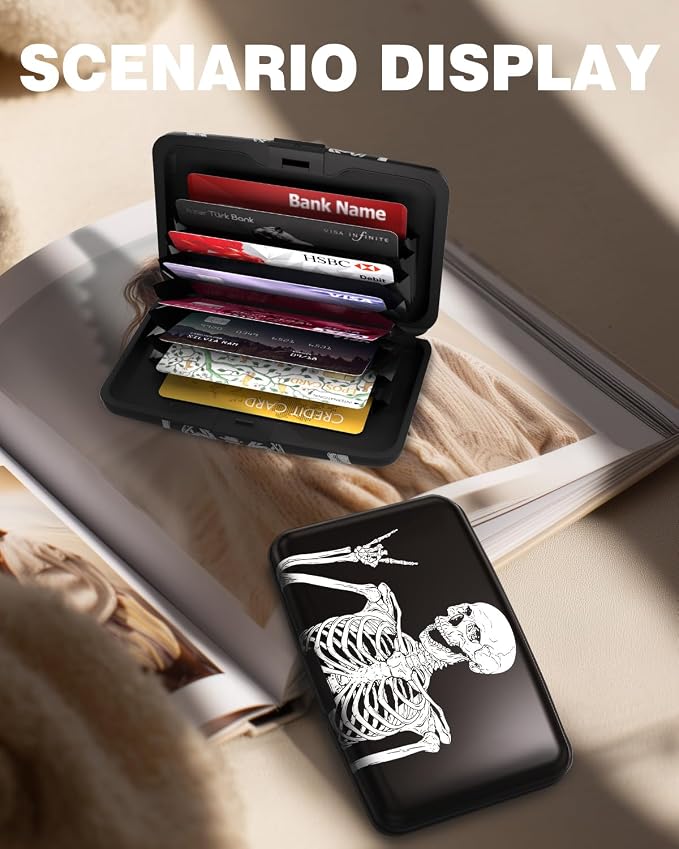 Maicican Credit Card Holder, Mini RFID Blocking Aluminum Wallet | Slim Metal Hard Case Travel Wallet ID Case for Women and Men, 4.3 x 2.9 Inches, Skull