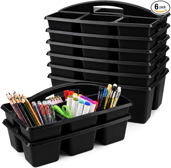 gisgfim 6 Pack Plastic Classroom Caddy with 6-Compartments Plastic Storage Caddies with Handle 6 Compartments Table Caddy Organizer Versatile Table Caddies for Classroom Office Storage, Black