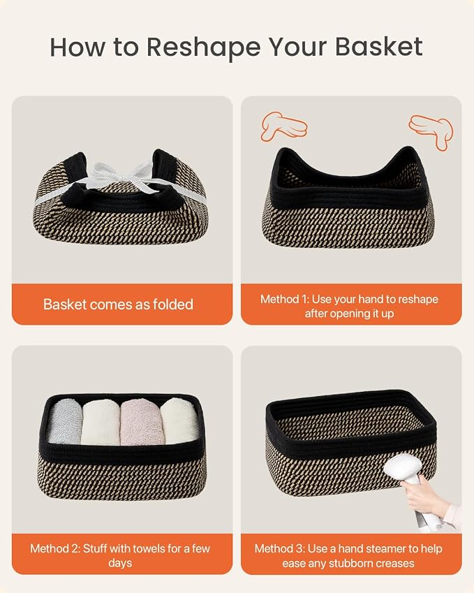Small Woven Basket, 12 x 8 x 4.5 Inches, Storage Basket for Organizing, Cute Small Rope Shelf Closet Cube Storage Bins Baskets for Shelves, Dog Toy Gift Baskets Empty, 3 Pack Black & Brown