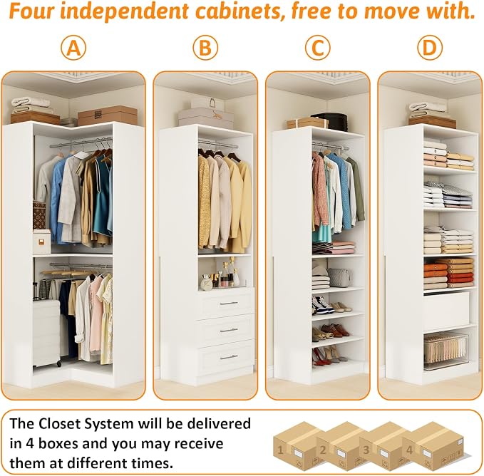 Closet System with 3 Drawers, 8FT Closet Organizer System with Adjustable Shelves & Expandable Hanging Rods, Corner Closet Storage Organizer, Modular Closet System for Walk-in Closet with 4 Sets,White