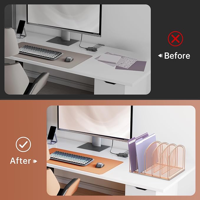 SUPEASY File Organizer for Desk, 5-Section Mesh Desk Organizer, Vertical File Holder Desktop Organizer File Sorter, File Folder Holder for Office Supplies, Rose Gold