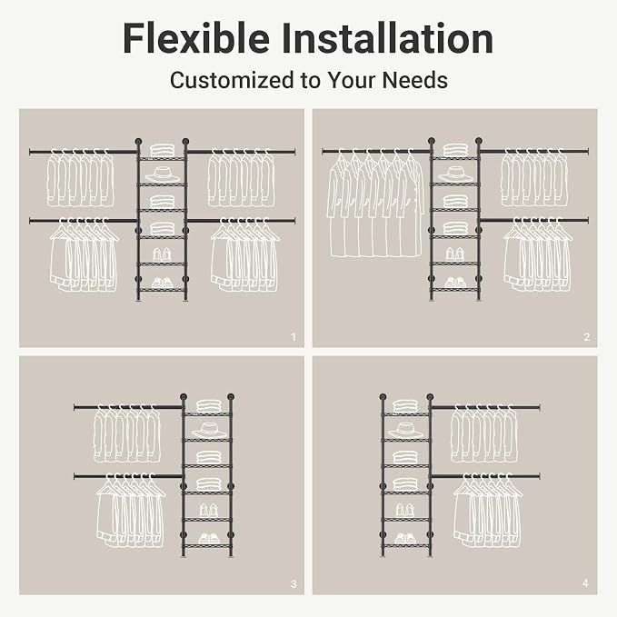 Timate S3X Medium Expandable Wall Mounted Clothes Rack with 6 Adjustable Shelves & 4 Expandable Hanger Rods, Heavy Duty Industrial Pipe Clothing Rack for Hanging Clothes, Fits Spaces 5'3"- 8', Black