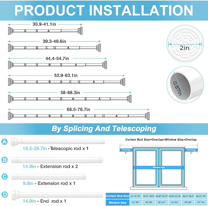 Adjustable Tension Curtain Rod 31-76 inch,Spring Tension Rod for Windows Expandable Pressure Curtain Rod No Drilling White Tension Curtain Rods for Window,Bathroom,Kitchen,Doorway