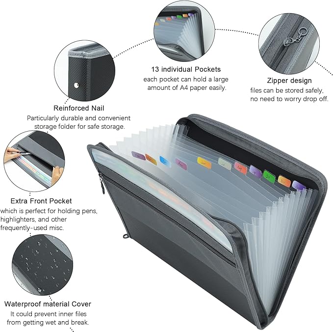 NAFY Expanding File Folders, 13 Pockets Document Organizer with Zipper, A4 Letter Size Portable Accordion Expanding File Folders with Multicolor Labels for Home Office School Supplies (Black 4 Pack)