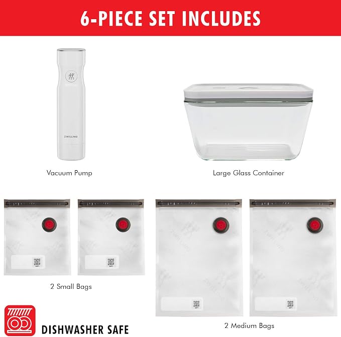 Zwilling Fresh & Save Vacuum Sealer Marchine Starter Set, 6pc | Keeps meal prep fresh up to 5X longer. Airtight Sealing Reduces Food Waste, Ideal for Sous Vide, Meal Prep and Every Day Use.