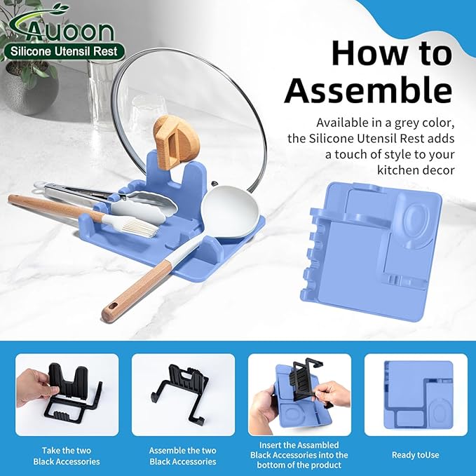 Auoon Silicone Spoon Rest with Lid Holder, 3-in-1 Kitchen Utensil Rest for Soup Ladles, Pot Lids, Spatulas, Spoons, Tongs, BPA Free & Dishwasher Safe, 8.26 x 8.06 Inch (Blue Velvet, Large)