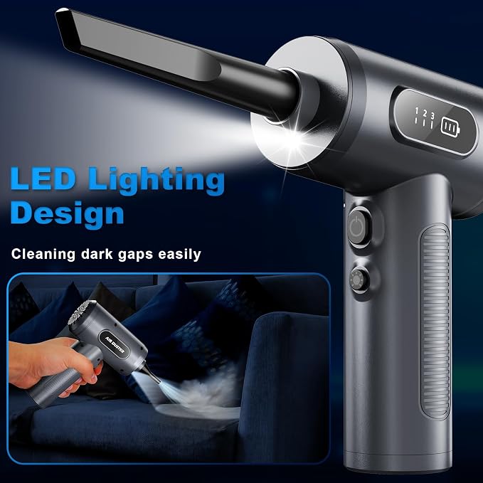 Compressed Air Duster, 100000RPM Cordless Rechargeable Electric Air Blower | Smart LED Display, 3-Gear Adjustable, LED Light, Keyboard, PC, Car & Home Cleaning, Replaces Canned Air, Grey