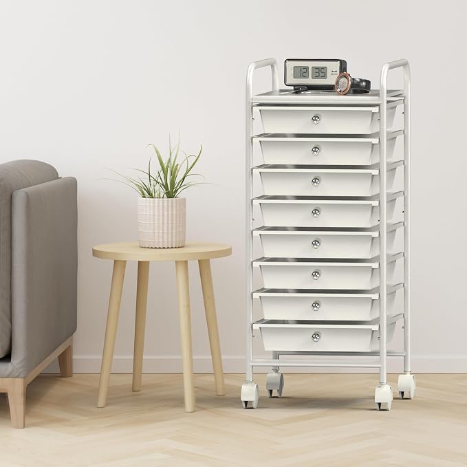 Simple Houseware 8 Drawers Rolling Utility Cart Art Craft Storage, White | 1-Column, 30.25" Height, Lockable Wheels, for School, Office, Art Craft, and Paper Storage