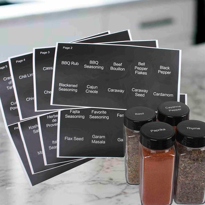 Orii Spice Labels, Black Round | 160 Pre-printed, 20 Blank