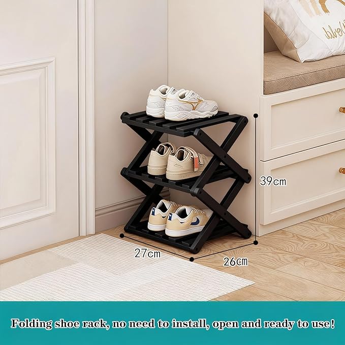 Small Shoe Rack Black, 3 Tier Portable Folding Shoe Storage Rack, Without Installation, Mini Free Standing Shoe Rack for Camping, Corridors, Bedrooms Living Room Corner and Small Spaces