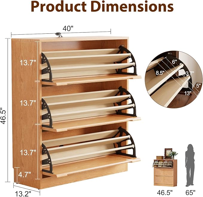 WoodsWhisper Solid Wood Shoe Cabinet for Entryway with 3 Flip Drawers, Narrow Shoe Organizer with Breathable Slatted Doors, Freestanding Hidden Shoe Rack for Hallway(Natural, 39" W)