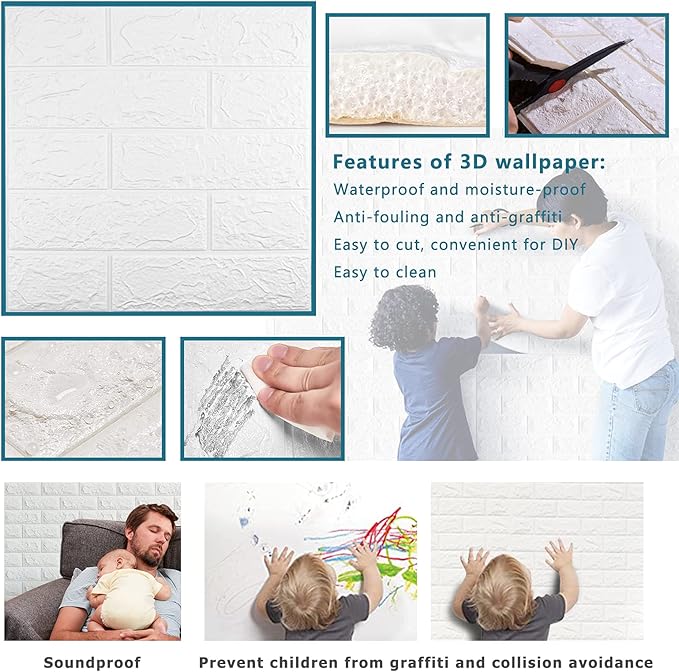 40 PCS White 3D Wall Panels, 58 sq.feet Coverage, Printable Wallpaper Sticker with Self-Adhesive Waterproof Brick PE Foam Wall Panels Peel and Stick for Interior Wall Decor Home Decoration