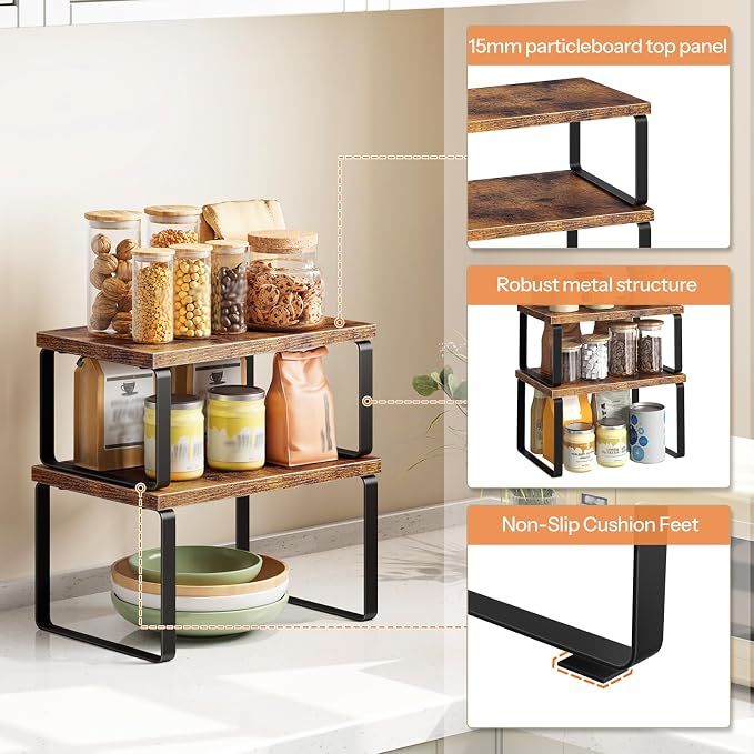 HOOBRO Cabinet Organizer Shelf, Set of 4, Kitchen Countertop Organizer, Kitchen Countertop Shelf, Spice Rack for Counter, Stackable, Expandable for Cabinet, Kitchen, Rustic Brown and Black BF33TLP201