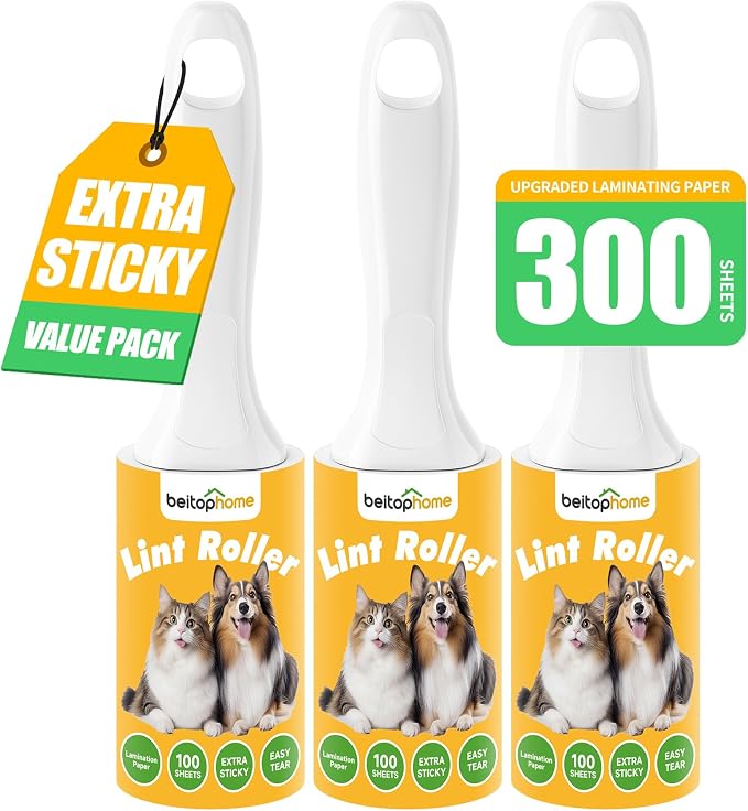 Lint Roller 3 Pack for Pet Hair, 300 Sheets, 3 Handles | Ready-to-Use Rollers for Clothes, Car, Office, Travel & Home