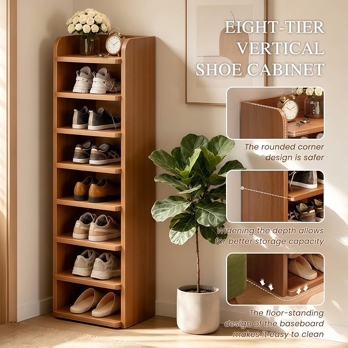8 Tier Shoe Rack, Wood Tall Shoe Shelf for Closet Entryway | Vertical Shoe Storage Organizer, Space Saving Narrow Shoe Tower