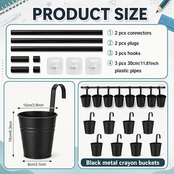 8 PCS Black Metal Pencil Holder with Pipes Back to School Hanging Iron Small Pails Stationery Crayon Organizer First Day of School Black Buckets Classroom Pencil Holder for Students Crafts Party Favor