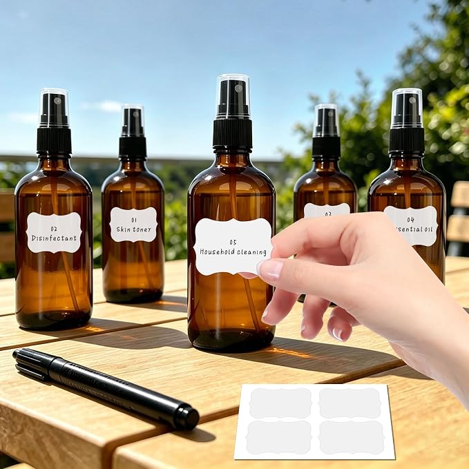 Cocurb 7 Pack 4oz Amber Glass Spray Bottles for Essential Oils | Small Glass Fine Mist Spray Bottles for DIY Cleaning Solutions, Skincare & Plants with Labels & Funnels