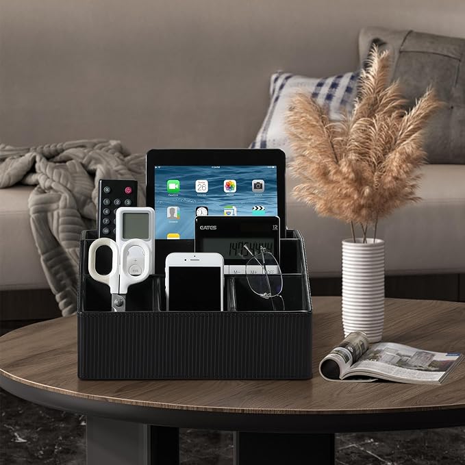 Desk Organizer Caddy with 5 Compartments for Office Art Supplies, PU Leather Nightstand Organizer Pencil Pen Desk Caddy for Home, Desktop TV Remote Control Holder Storage (Striped Black)