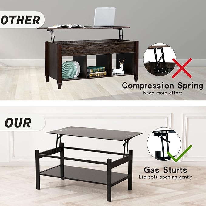 Meihua Lift Top Glass Coffee Table with Storage Compartment and Separated Open Shelves, Lift Tabletop for Living Room Home, Office, Black