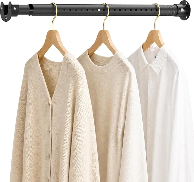 Metal Closet Rod 1.3" Heavy Duty Adjustable Hanging Rod 17-39 Inch | Black, Stainless Steel, 1.3 Inch Diameter, Wall Brackets Included, For Hanging Clothes, Walk-In Closets, Laundry Rooms