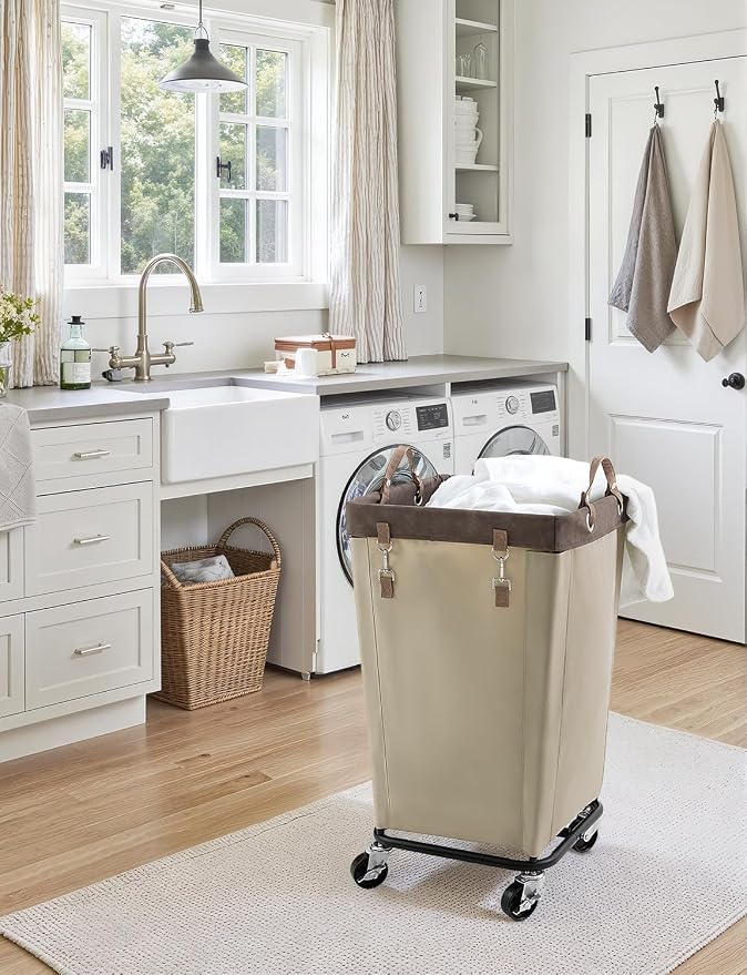 StorageWorks Laundry Basket with Wheels for Clothes, 160L Tan Hamper Cart