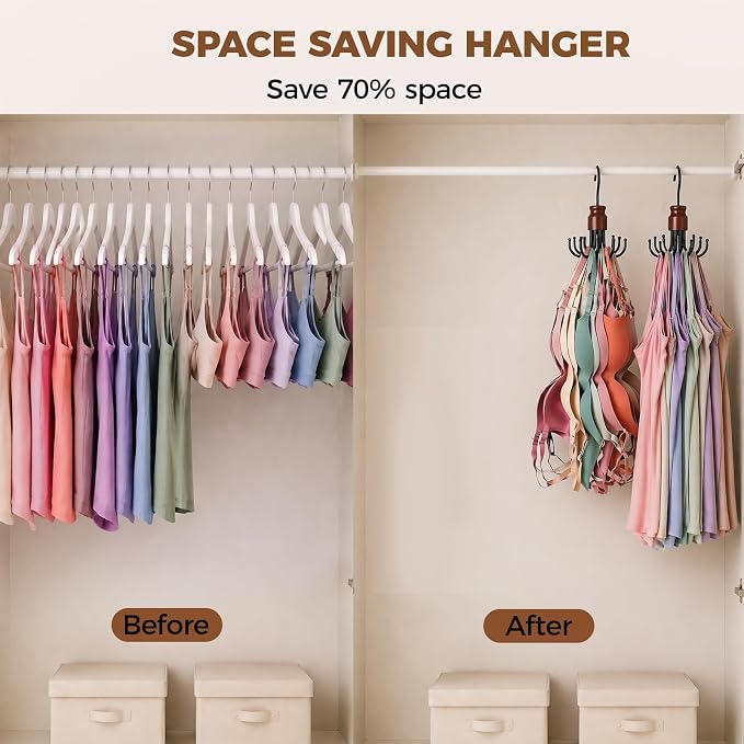 Bra Hanger for Closet Organizer, Space Saving Wooden Tank Top Hangers with 8 Foldable Hooks & Holds 24 Items, 360° Rotating Storage for Bras, Scarves, Belts, Ties and More